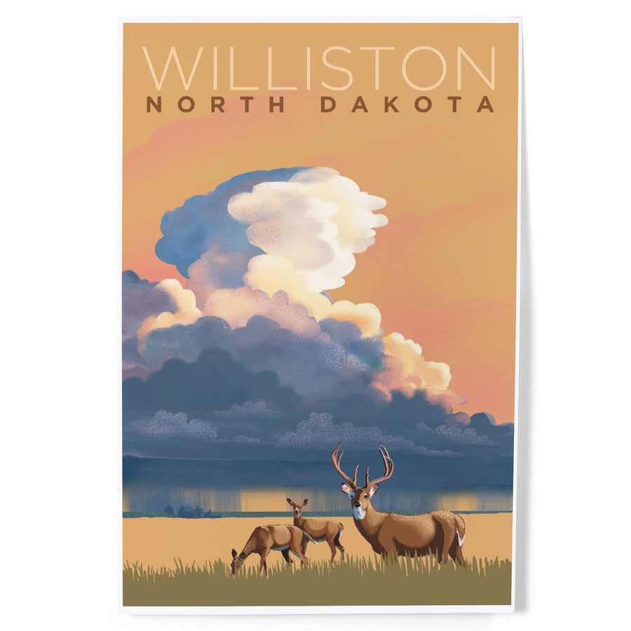 Williston, North Dakota, White-tailed Deer and Rain Cloud, Lithograph, Art & Giclee Prints Art Lantern Press 