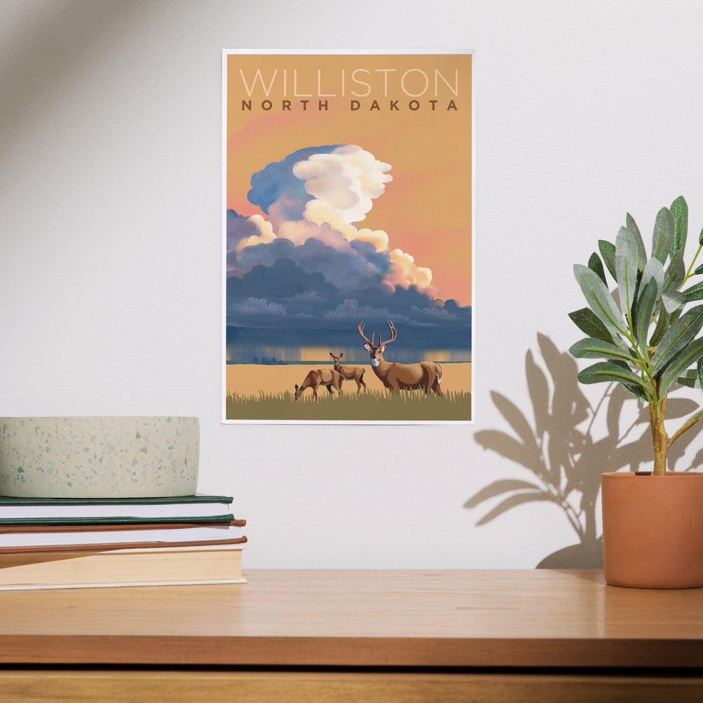 Williston, North Dakota, White-tailed Deer and Rain Cloud, Lithograph, Art & Giclee Prints Art Lantern Press 