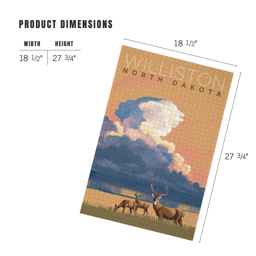 Williston, North Dakota, White-tailed Deer and Rain Cloud, Lithograph, Jigsaw Puzzle Puzzle Lantern Press 