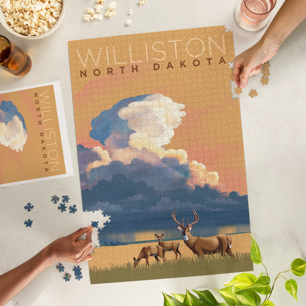 Williston, North Dakota, White-tailed Deer and Rain Cloud, Lithograph, Jigsaw Puzzle Puzzle Lantern Press 