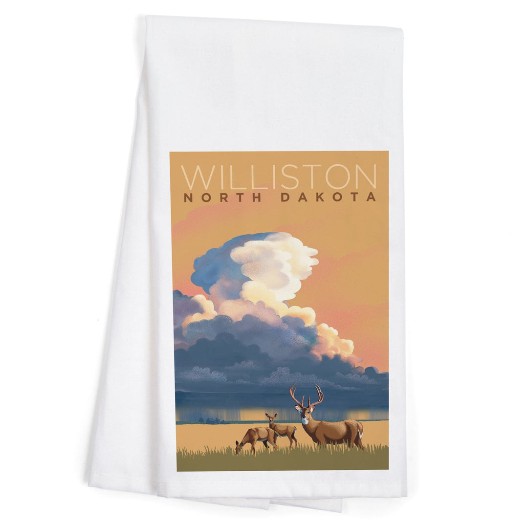 Williston, North Dakota, White-tailed Deer and Rain Cloud, Lithograph, Organic Cotton Kitchen Tea Towels Kitchen Lantern Press 