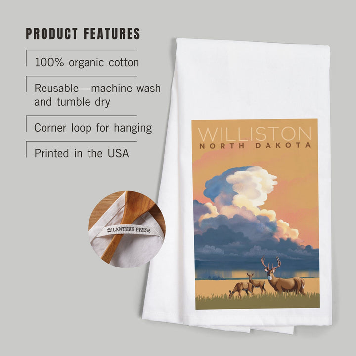 Williston, North Dakota, White-tailed Deer and Rain Cloud, Lithograph, Organic Cotton Kitchen Tea Towels Kitchen Lantern Press 