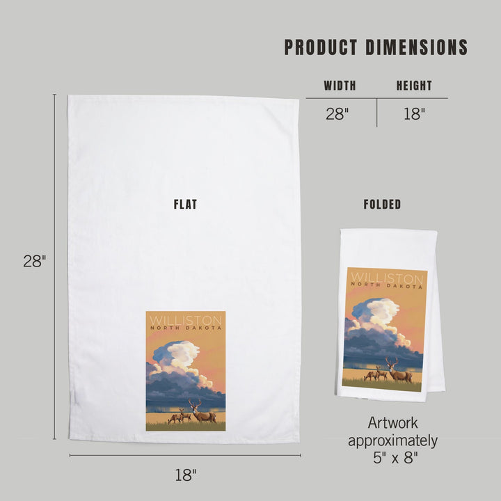 Williston, North Dakota, White-tailed Deer and Rain Cloud, Lithograph, Organic Cotton Kitchen Tea Towels Kitchen Lantern Press 