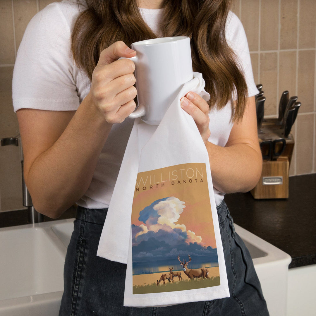 Williston, North Dakota, White-tailed Deer and Rain Cloud, Lithograph, Organic Cotton Kitchen Tea Towels Kitchen Lantern Press 