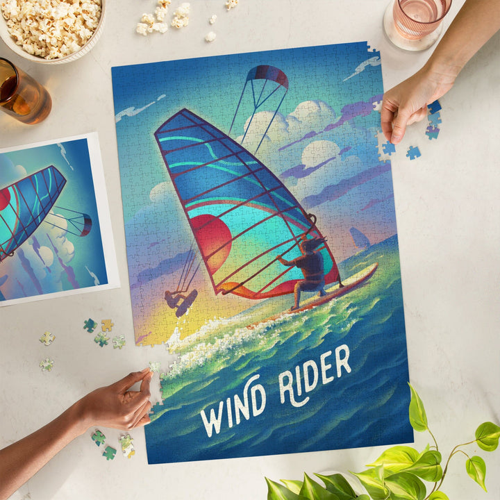 Wind Rider, Lithograph, Windsurfing and Kitesurfing, Jigsaw Puzzle Puzzle Lantern Press 