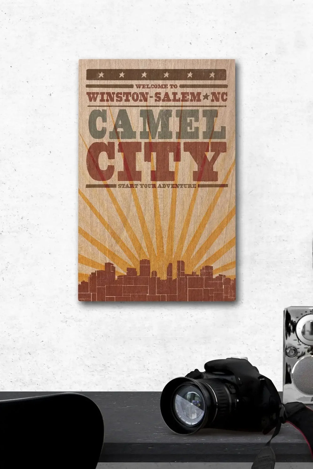 Winston-Salem, North Carolina, Skyline & Sunburst Screenprint Style, Lantern Press Artwork, Wood Signs and Postcards Wood Lantern Press 12 x 18 Wood Gallery Print 