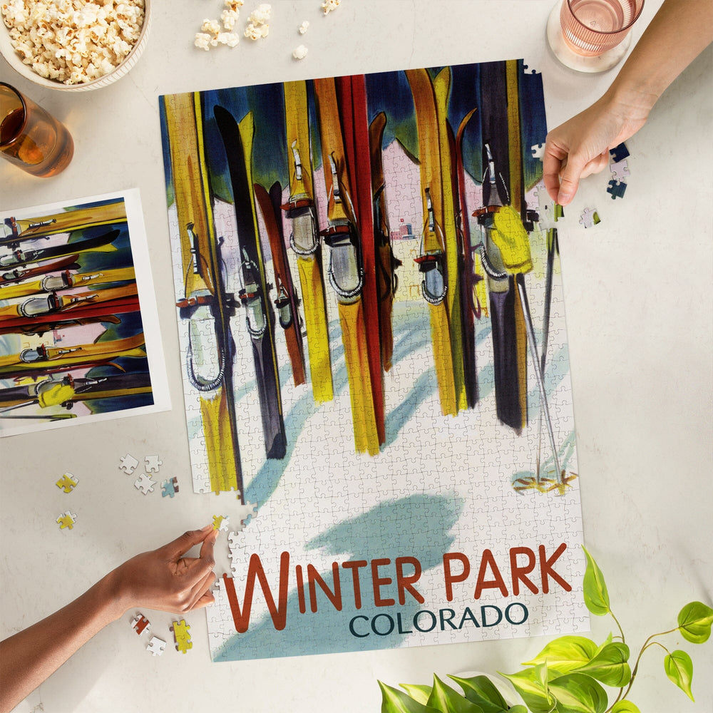 Winter Park, Colorado, Colorful Skis, Jigsaw Puzzle Puzzle Lantern Press 