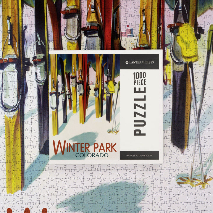 Winter Park, Colorado, Colorful Skis, Jigsaw Puzzle Puzzle Lantern Press 