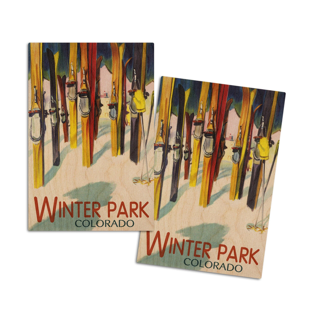 Winter Park, Colorado, Colorful Skis, Lantern Press Artwork, Wood Signs and Postcards Wood Lantern Press 4x6 Wood Postcard Set 