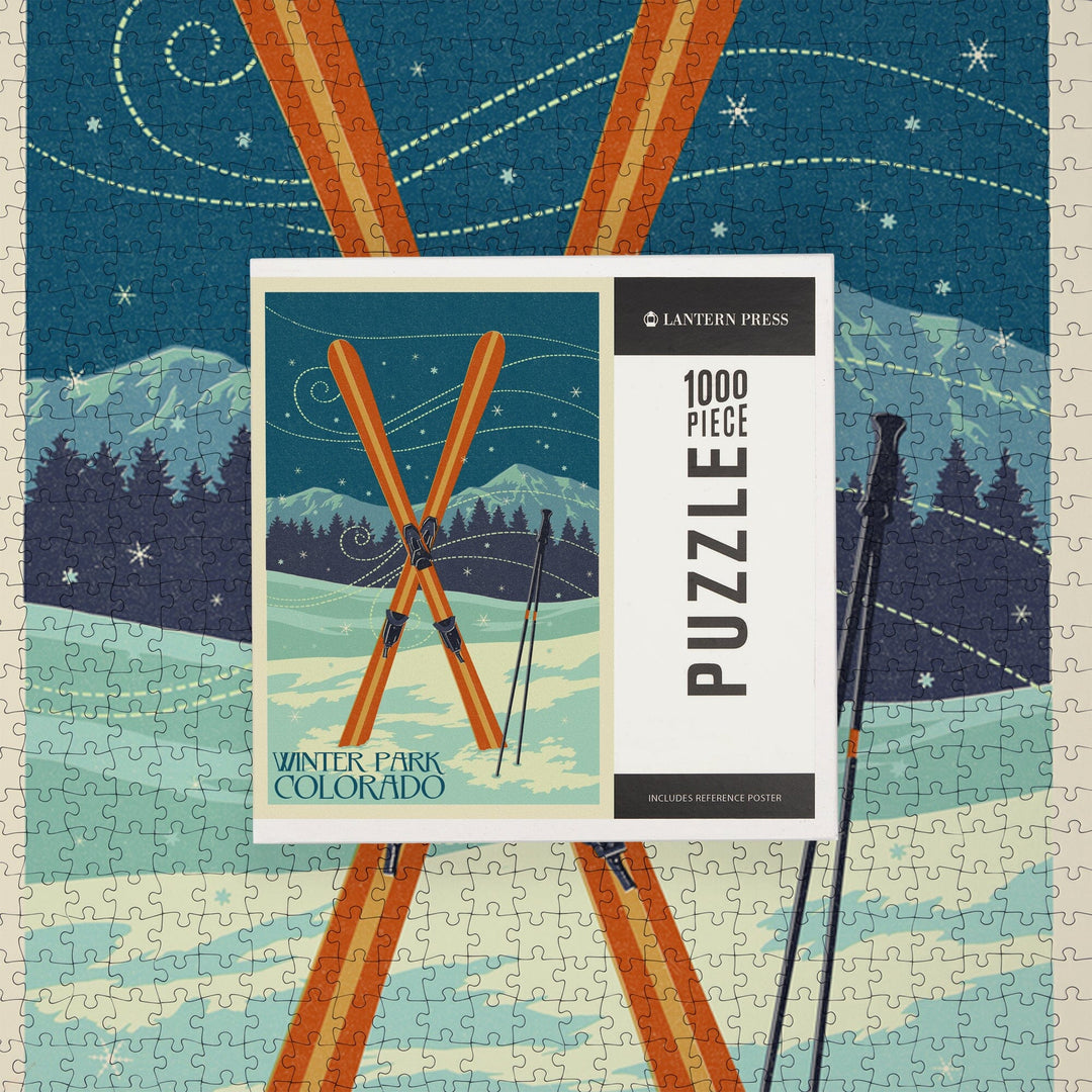 Winter Park, Colorado, Crossed Skis, Letterpress, Jigsaw Puzzle Puzzle Lantern Press 