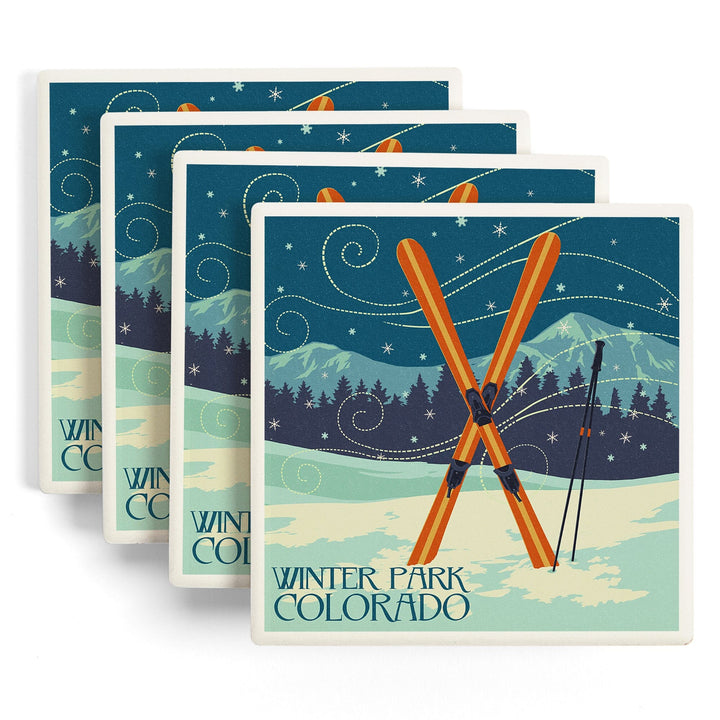 Winter Park, Colorado, Crossed Skis, Letterpress, Lantern Press Artwork, Coaster Set Coasters Lantern Press 