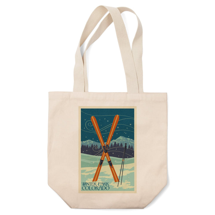 Winter Park, Colorado, Crossed Skis, Letterpress, Lantern Press Artwork, Tote Bag Totes Lantern Press 