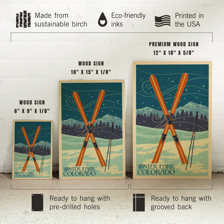 Winter Park, Colorado, Crossed Skis, Letterpress, Lantern Press Artwork, Wood Signs and Postcards Wood Lantern Press 