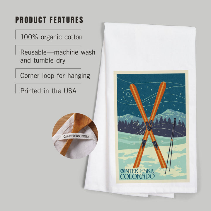 Winter Park, Colorado, Crossed Skis, Letterpress, Organic Cotton Kitchen Tea Towels Kitchen Lantern Press 