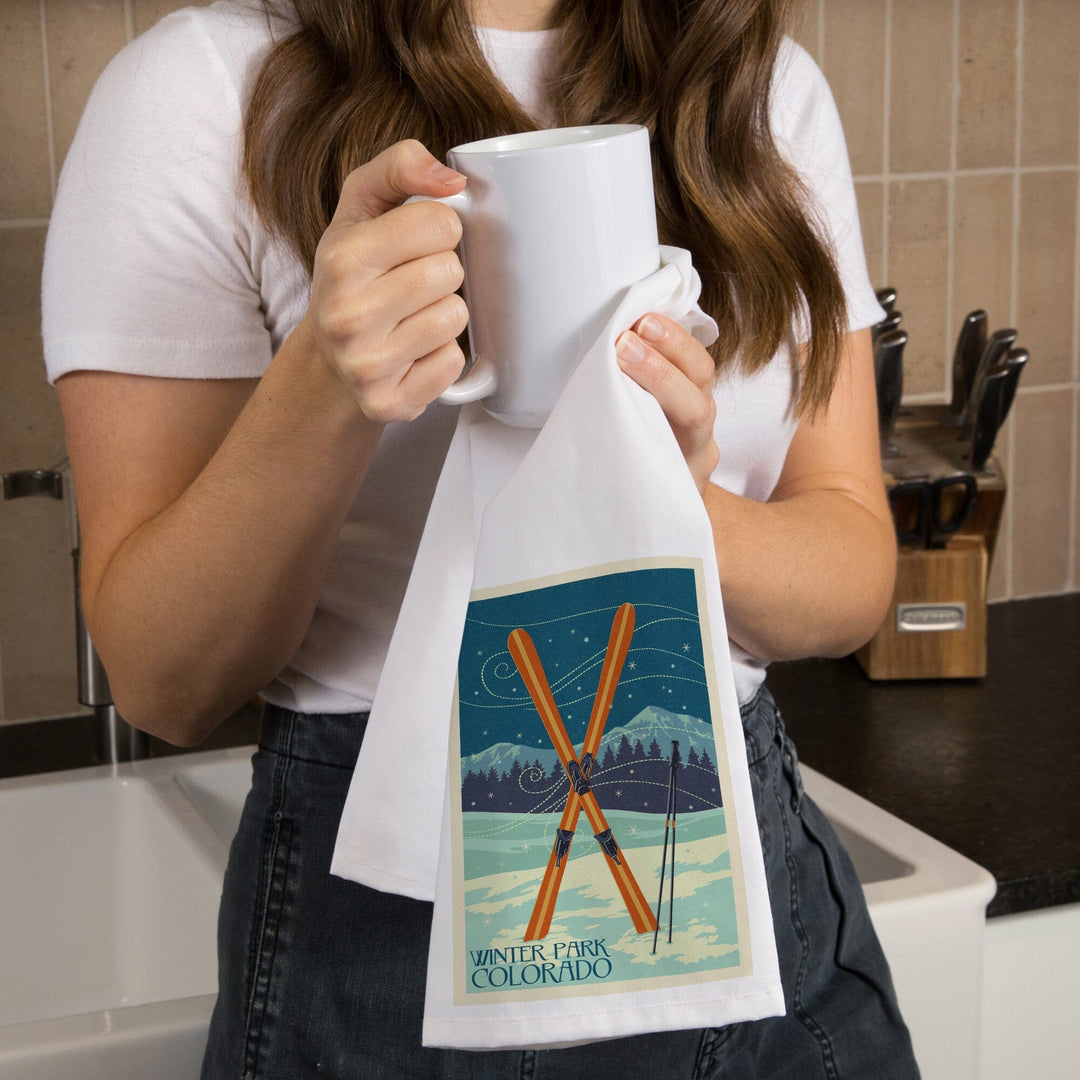 Winter Park, Colorado, Crossed Skis, Letterpress, Organic Cotton Kitchen Tea Towels Kitchen Lantern Press 