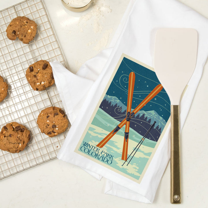 Winter Park, Colorado, Crossed Skis, Letterpress, Organic Cotton Kitchen Tea Towels Kitchen Lantern Press 