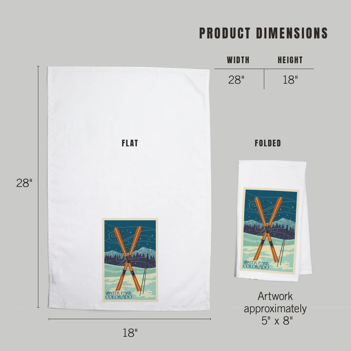Winter Park, Colorado, Crossed Skis, Letterpress, Organic Cotton Kitchen Tea Towels Kitchen Lantern Press 