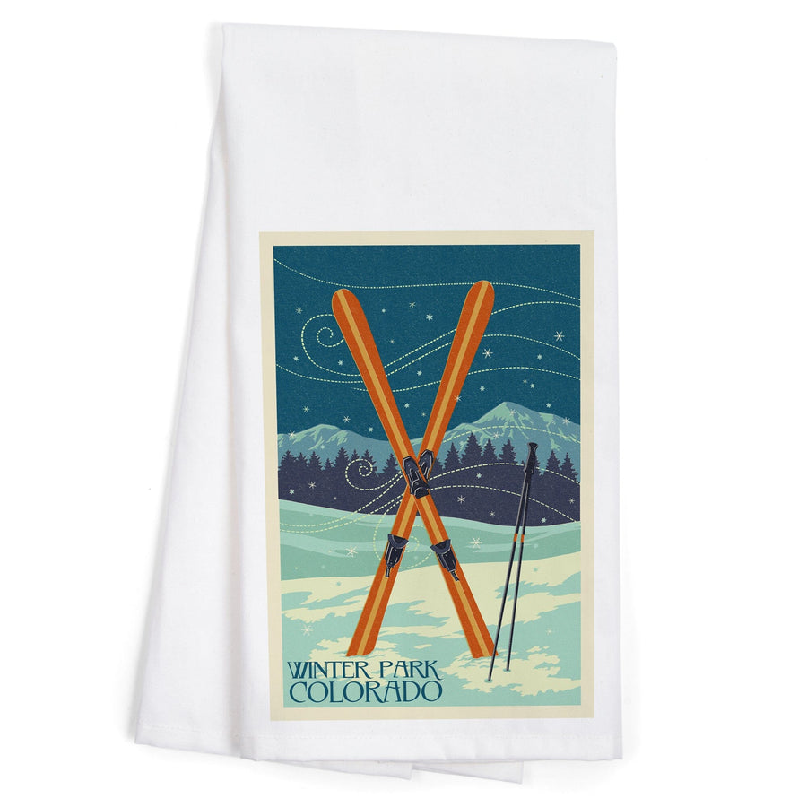 Winter Park, Colorado, Crossed Skis, Letterpress, Organic Cotton Kitchen Tea Towels Kitchen Lantern Press 