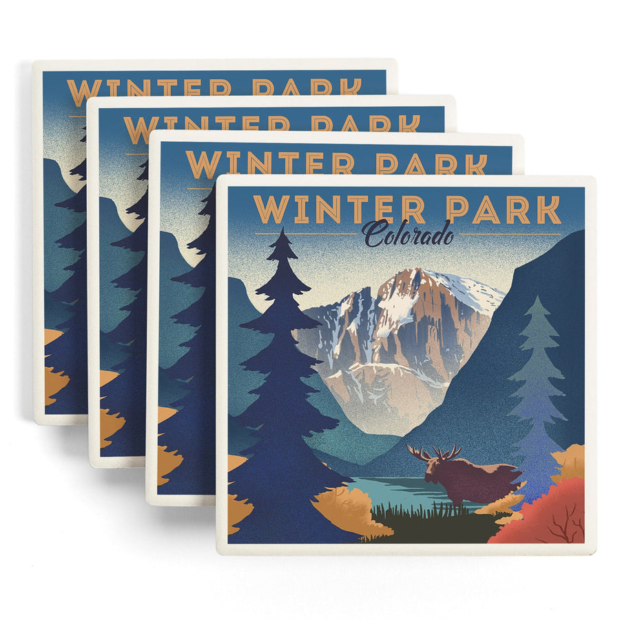 Winter Park, Colorado, Lithograph, Lantern Press Artwork, Coaster Set Coasters Lantern Press 