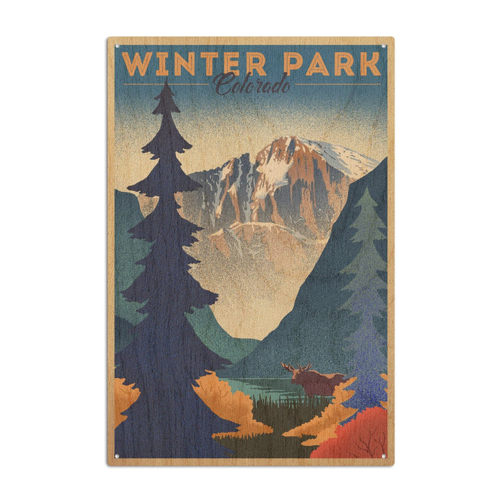 Winter Park, Colorado, Lithograph, Lantern Press Artwork, Wood Signs and Postcards Wood Lantern Press 10 x 15 Wood Sign 