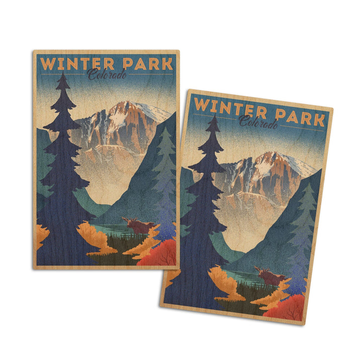 Winter Park, Colorado, Lithograph, Lantern Press Artwork, Wood Signs and Postcards Wood Lantern Press 4x6 Wood Postcard Set 