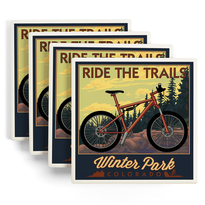 Winter Park, Colorado, Mountain Bike Scene, Lantern Press Artwork, Coaster Set Coasters Lantern Press 