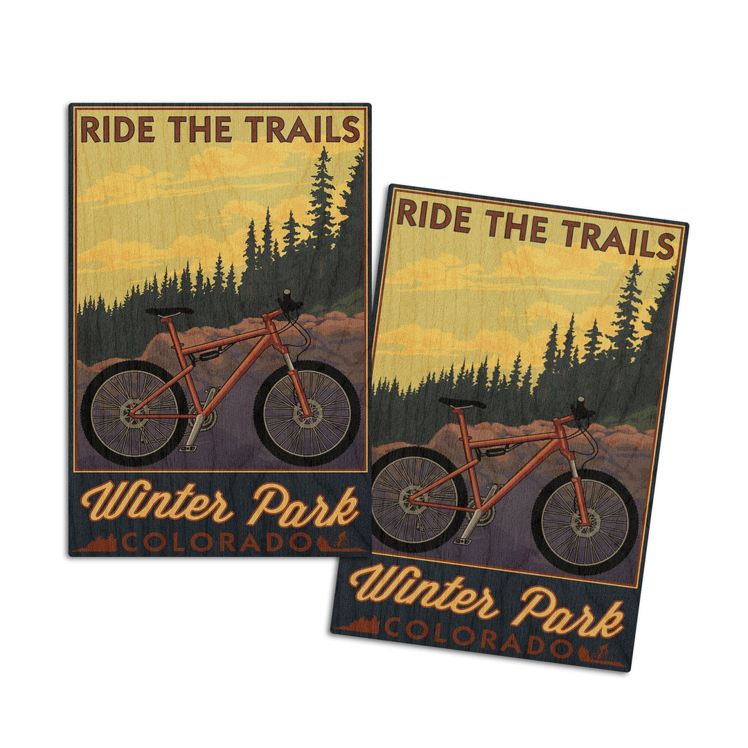 Winter Park, Colorado, Mountain Bike Scene, Lantern Press Artwork, Wood Signs and Postcards Wood Lantern Press 4x6 Wood Postcard Set 