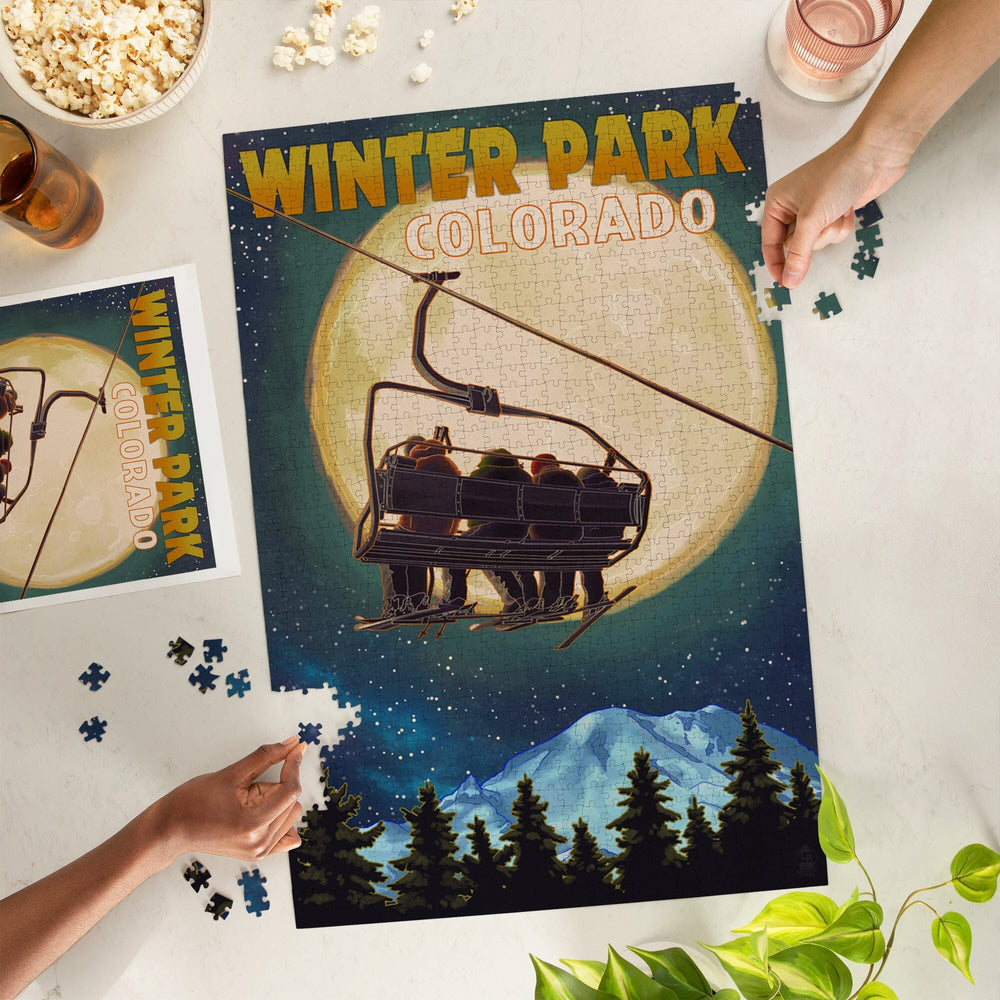 Winter Park, Colorado, Ski Lift and Full Moon, Jigsaw Puzzle Puzzle Lantern Press 