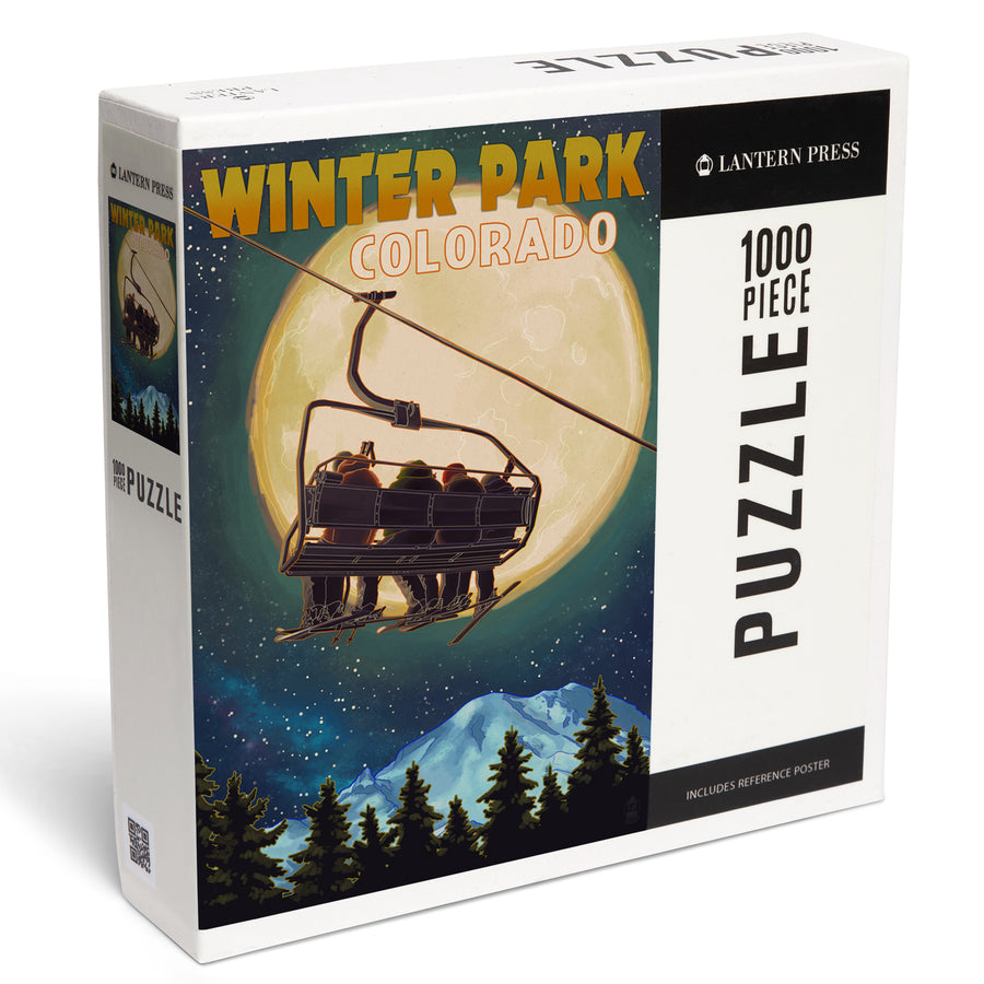 Winter Park, Colorado, Ski Lift and Full Moon, Jigsaw Puzzle Puzzle Lantern Press 