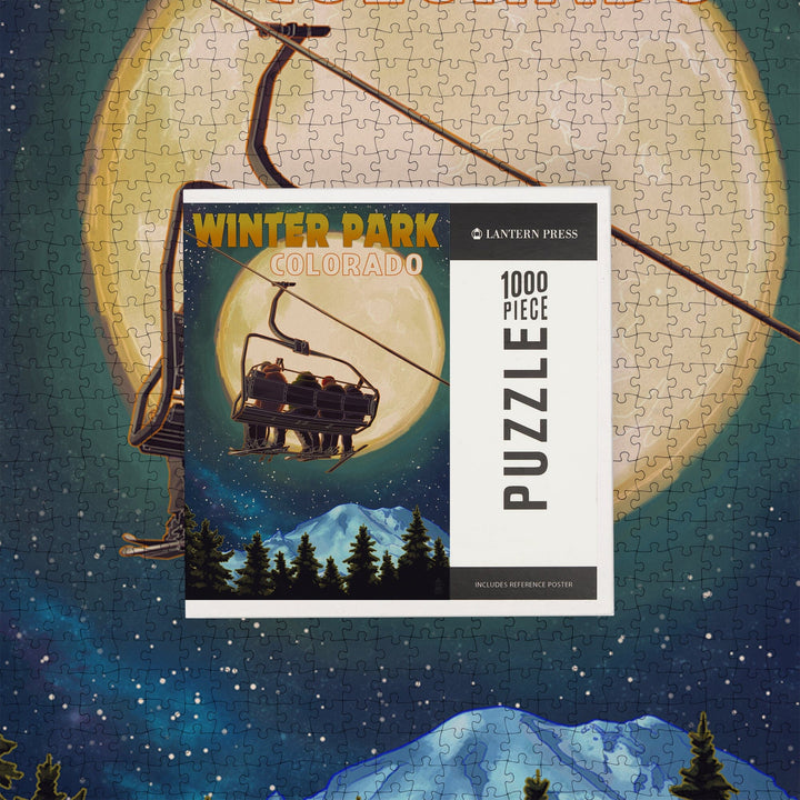Winter Park, Colorado, Ski Lift and Full Moon, Jigsaw Puzzle Puzzle Lantern Press 