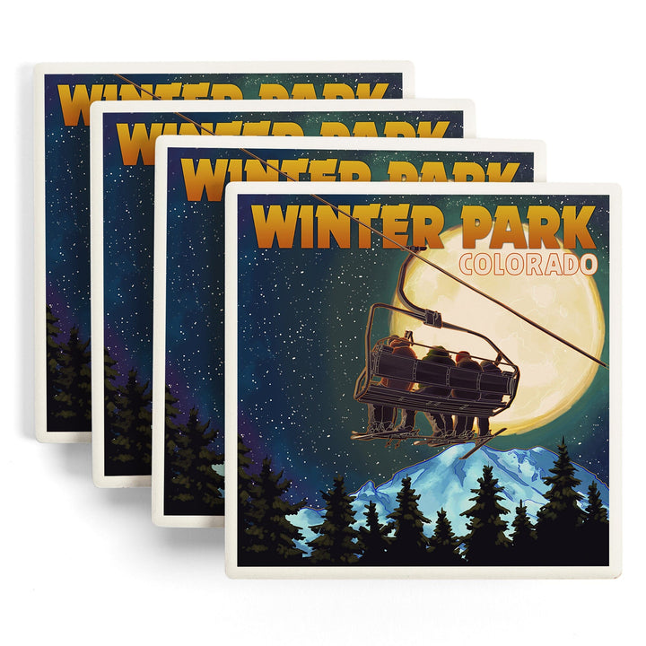 Winter Park, Colorado, Ski Lift and Full Moon, Lantern Press Artwork, Coaster Set Coasters Lantern Press 