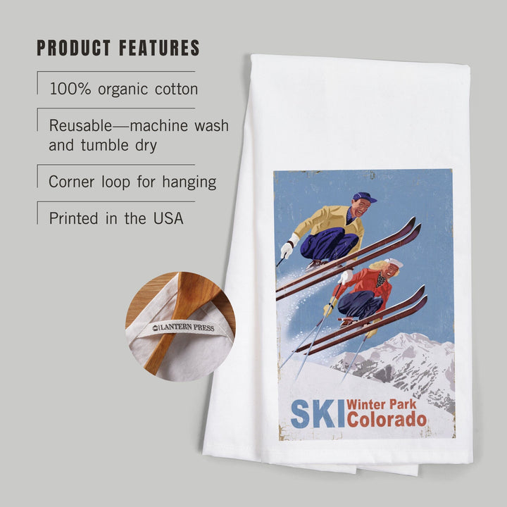 Winter Park, Colorado, Vintage Skiers, Organic Cotton Kitchen Tea Towels Kitchen Lantern Press 