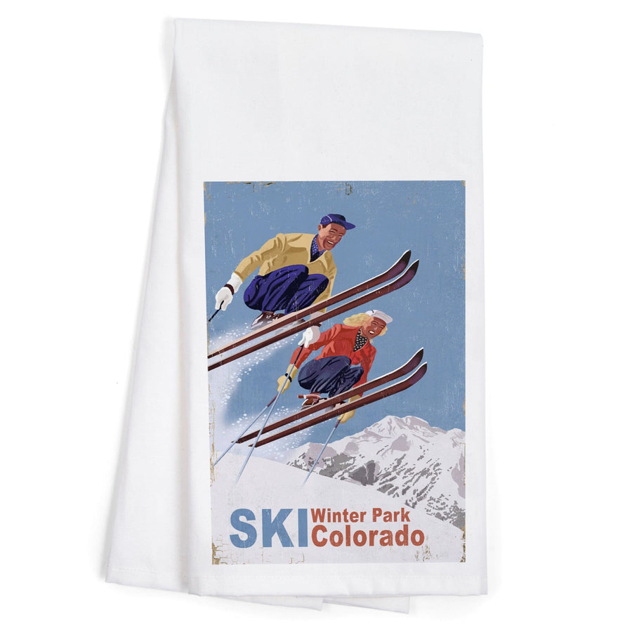 Winter Park, Colorado, Vintage Skiers, Organic Cotton Kitchen Tea Towels Kitchen Lantern Press 