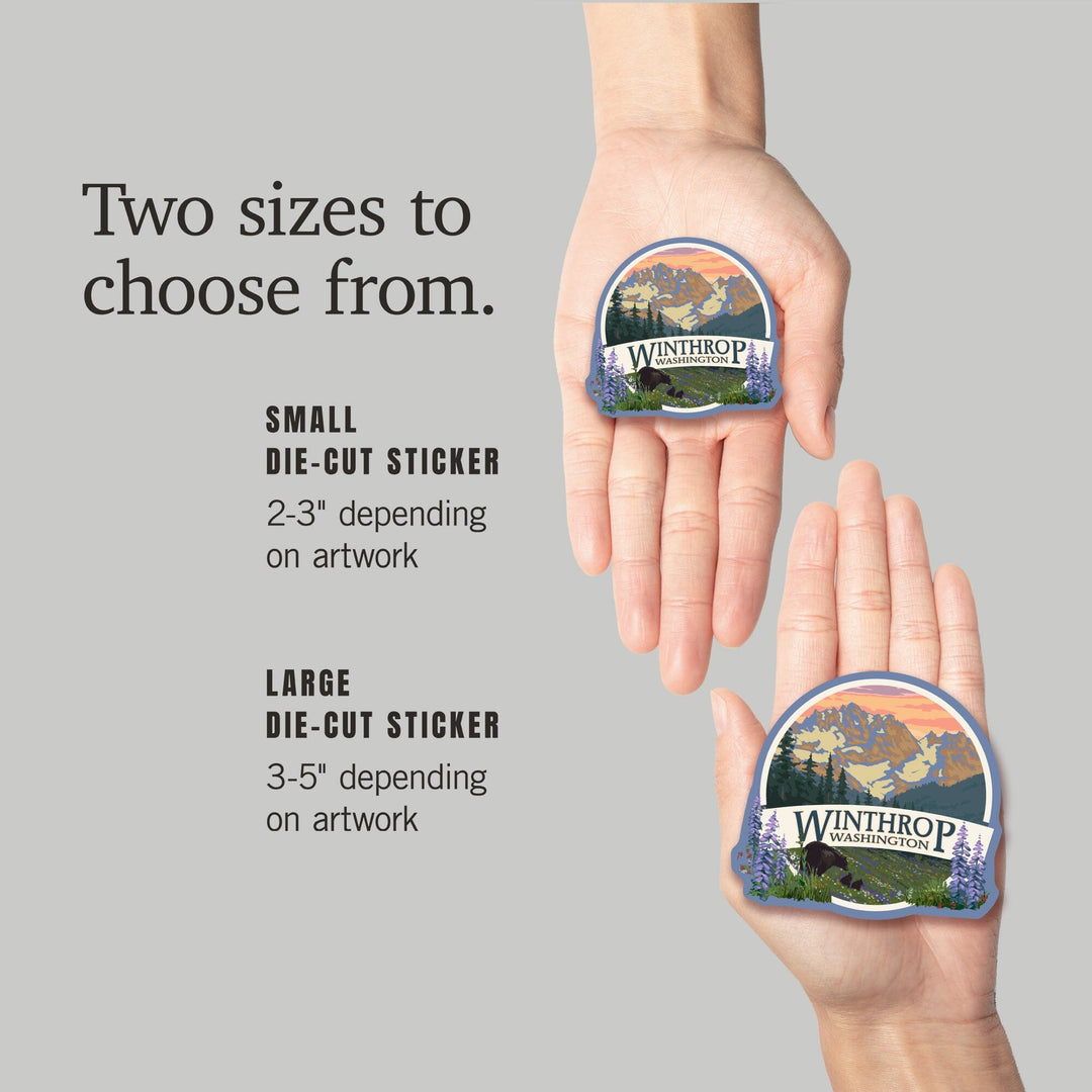Winthrop, Washington, Bear Family and Spring Flowers, Contour, Vinyl Sticker Sticker Lantern Press 