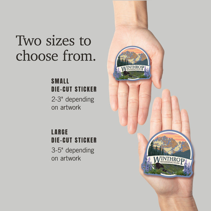 Winthrop, Washington, Bear Family and Spring Flowers, Contour, Vinyl Sticker Sticker Lantern Press 