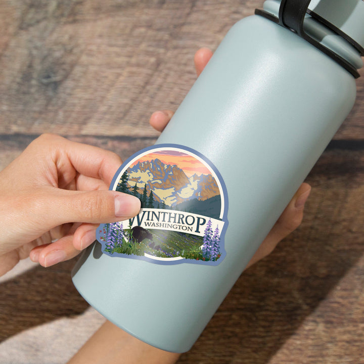 Winthrop, Washington, Bear Family and Spring Flowers, Contour, Vinyl Sticker Sticker Lantern Press 