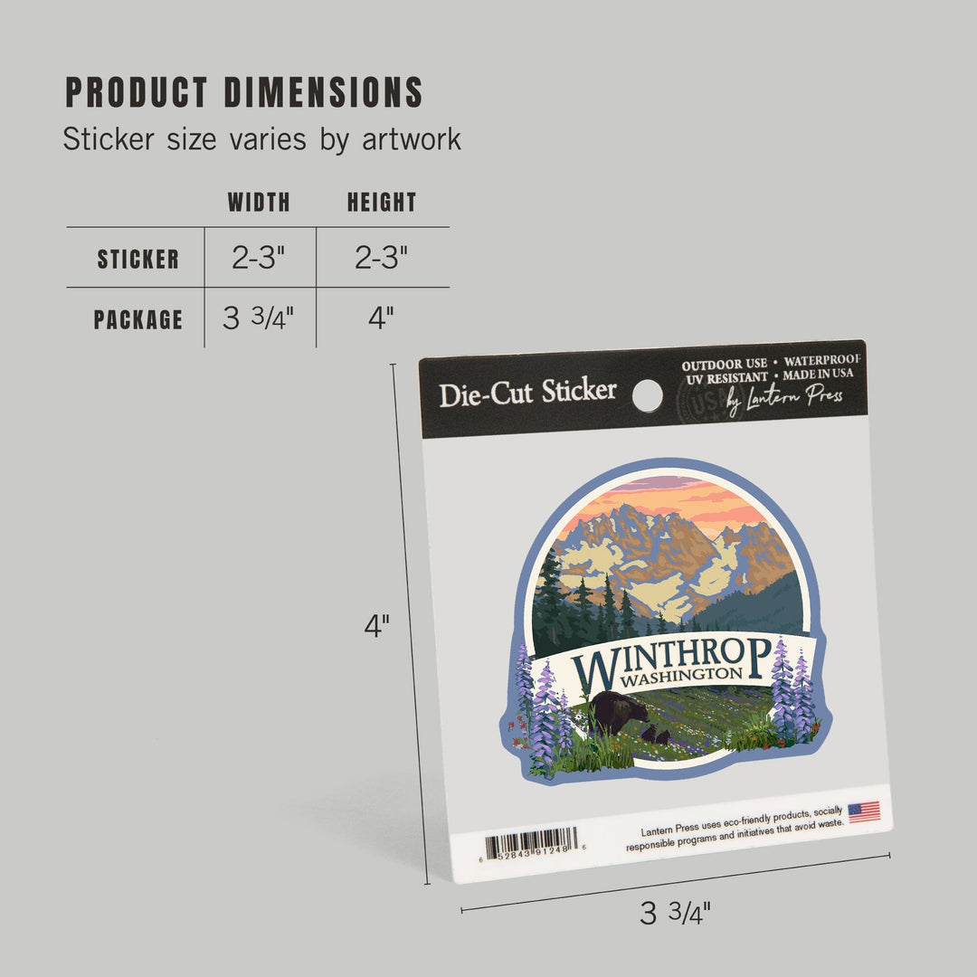 Winthrop, Washington, Bear Family and Spring Flowers, Contour, Vinyl Sticker Sticker Lantern Press 