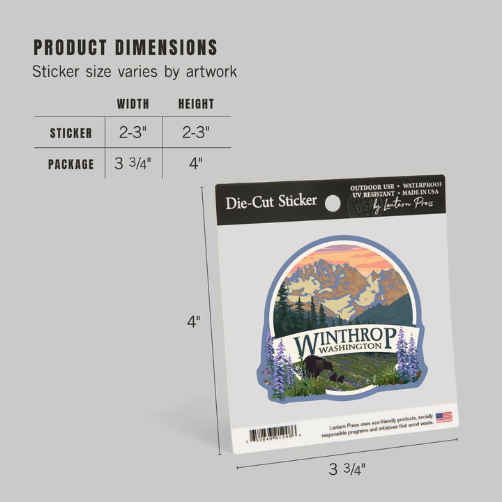 Winthrop, Washington, Bear Family and Spring Flowers, Contour, Vinyl Sticker Sticker Lantern Press 