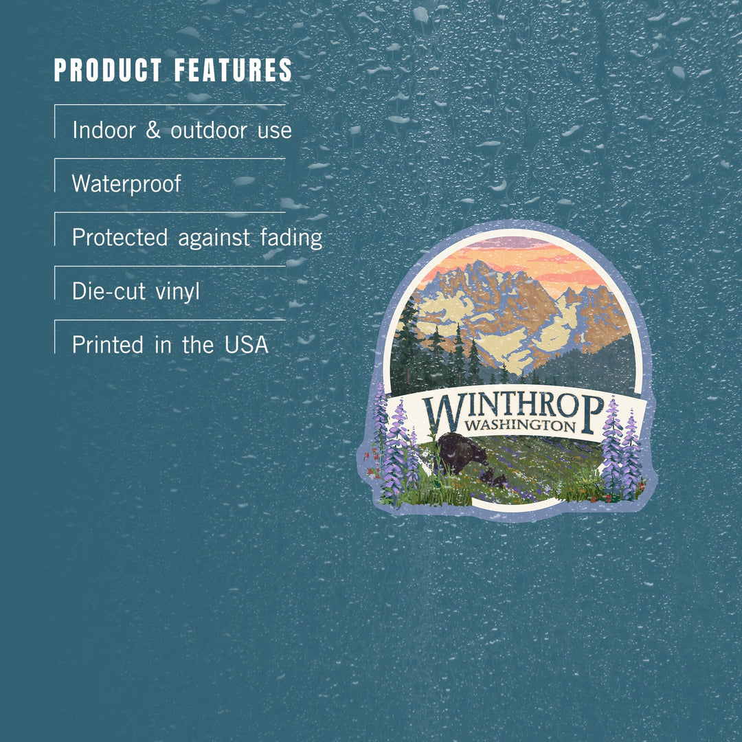 Winthrop, Washington, Bear Family and Spring Flowers, Contour, Vinyl Sticker Sticker Lantern Press 