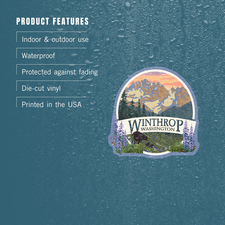 Winthrop, Washington, Bear Family and Spring Flowers, Contour, Vinyl Sticker Sticker Lantern Press 