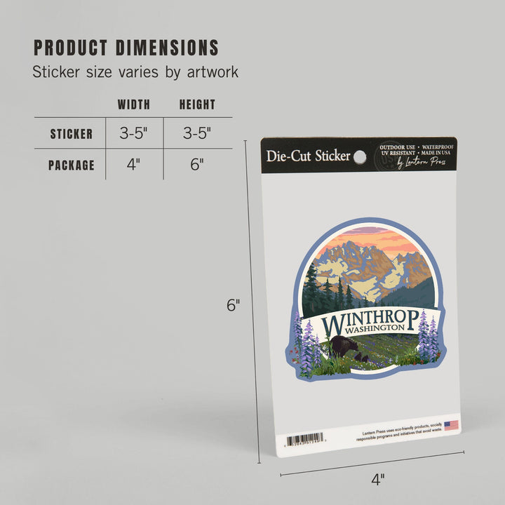 Winthrop, Washington, Bear Family and Spring Flowers, Contour, Vinyl Sticker Sticker Lantern Press 