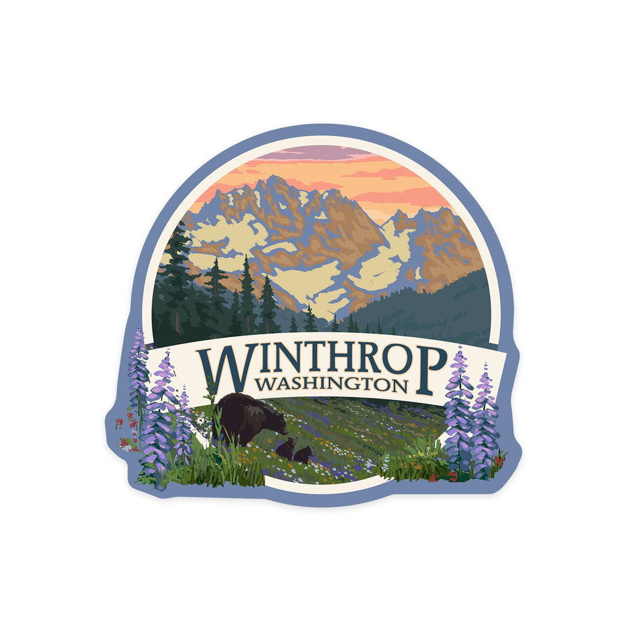 Winthrop, Washington, Bear Family and Spring Flowers, Contour, Vinyl Sticker Sticker Lantern Press 
