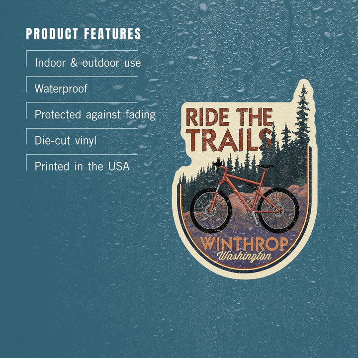 Winthrop, Washington, Ride the Trails, Mountain Bike Scene, Contour, Lantern Press Artwork, Vinyl Sticker Sticker Lantern Press 