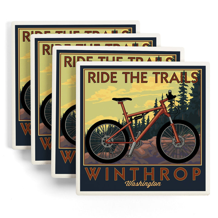 Winthrop, Washington, Ride the Trails, Mountain Bike Scene, Lantern Press Artwork, Coaster Set Coasters Lantern Press 