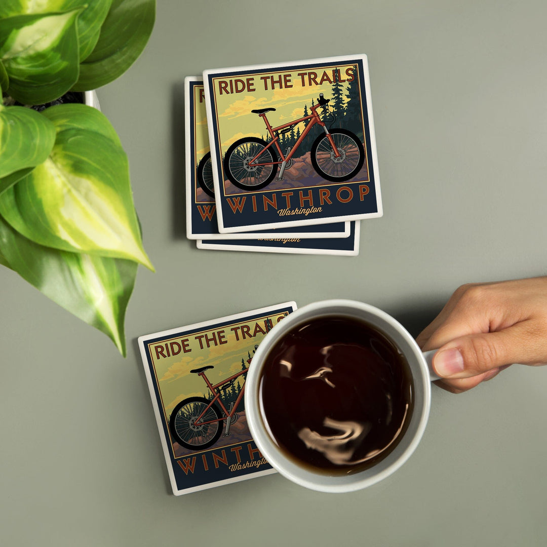 Winthrop, Washington, Ride the Trails, Mountain Bike Scene, Lantern Press Artwork, Coaster Set Coasters Lantern Press 