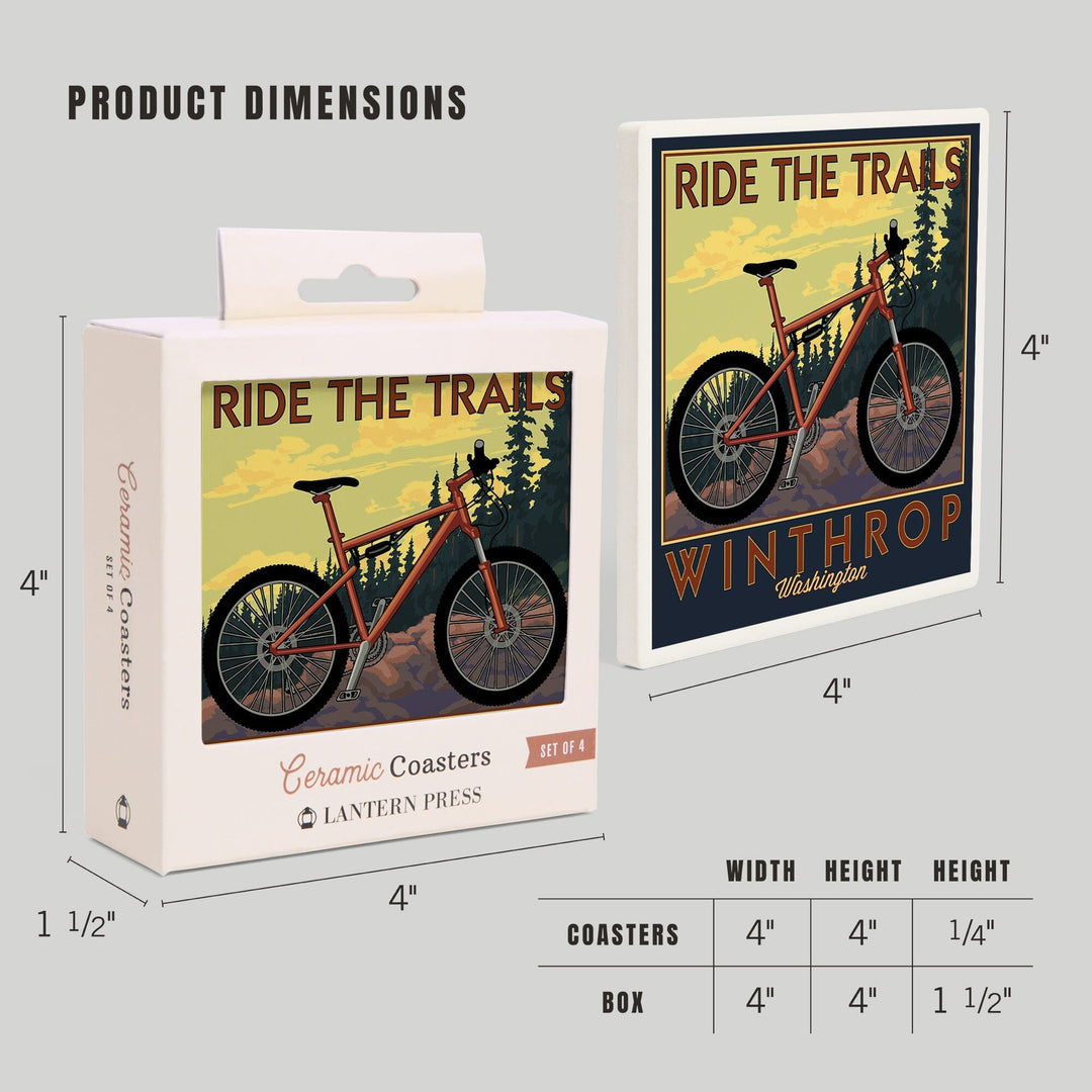 Winthrop, Washington, Ride the Trails, Mountain Bike Scene, Lantern Press Artwork, Coaster Set Coasters Lantern Press 