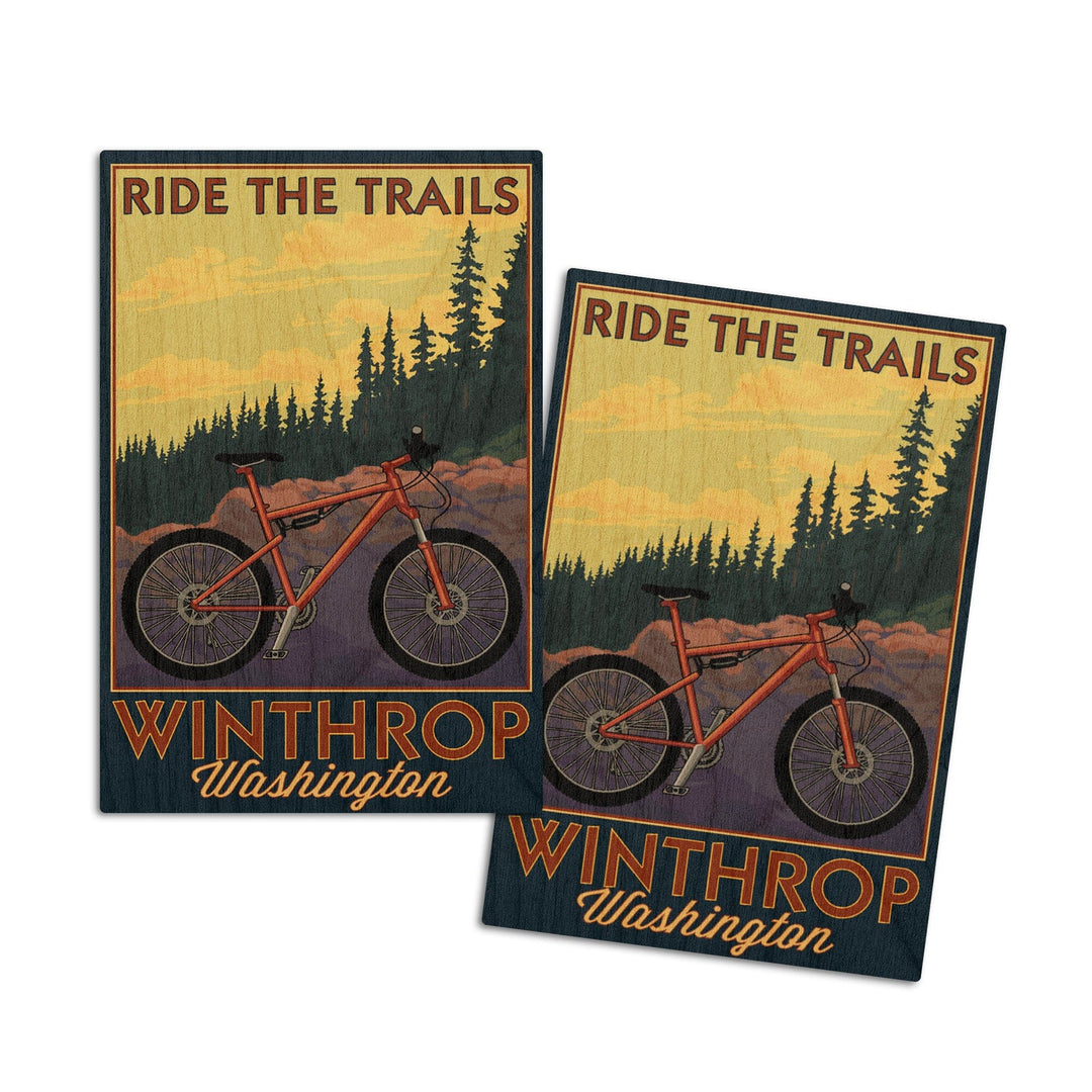 Winthrop, Washington, Ride the Trails, Mountain Bike Scene, Lantern Press Artwork, Wood Signs and Postcards Wood Lantern Press 4x6 Wood Postcard Set 