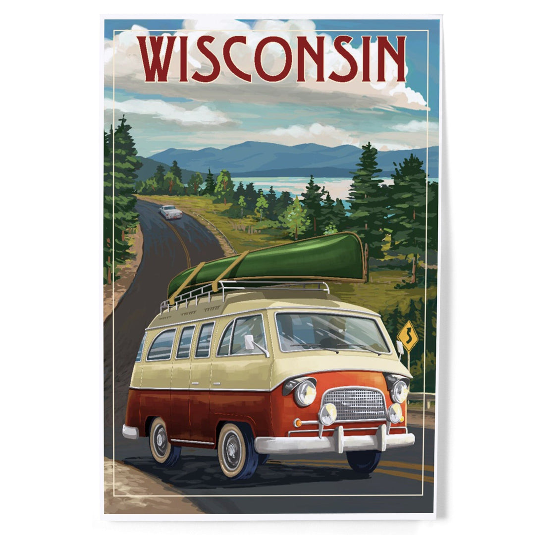 Wisconsin, Camper Van and Lake, Art & Giclee Prints Art Lantern Press 