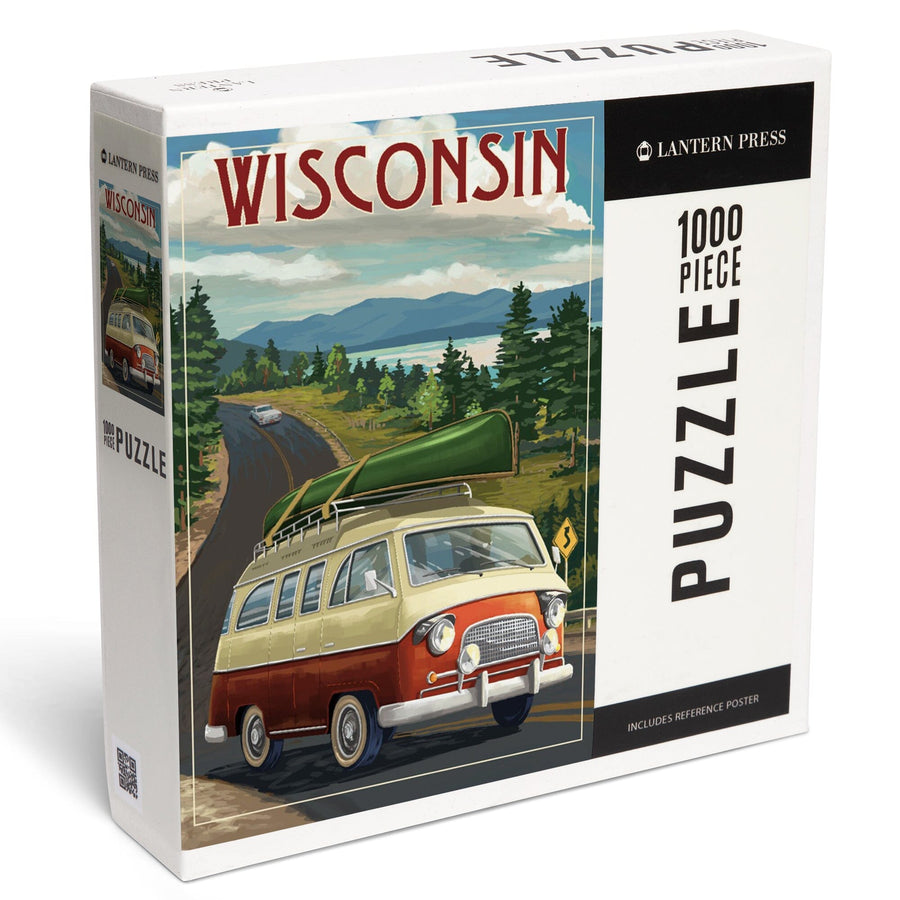 Wisconsin, Camper Van and Lake, Jigsaw Puzzle Puzzle Lantern Press 
