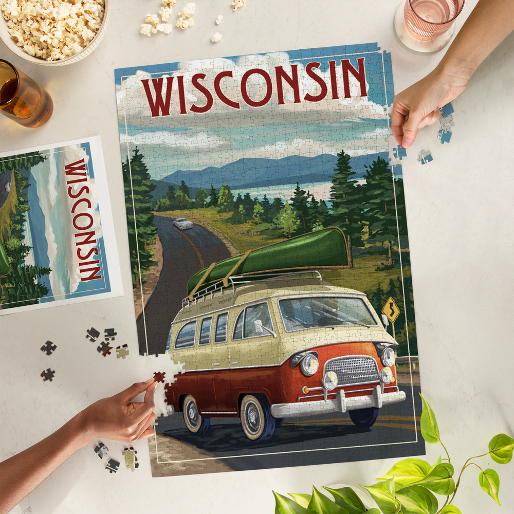 Wisconsin, Camper Van and Lake, Jigsaw Puzzle Puzzle Lantern Press 